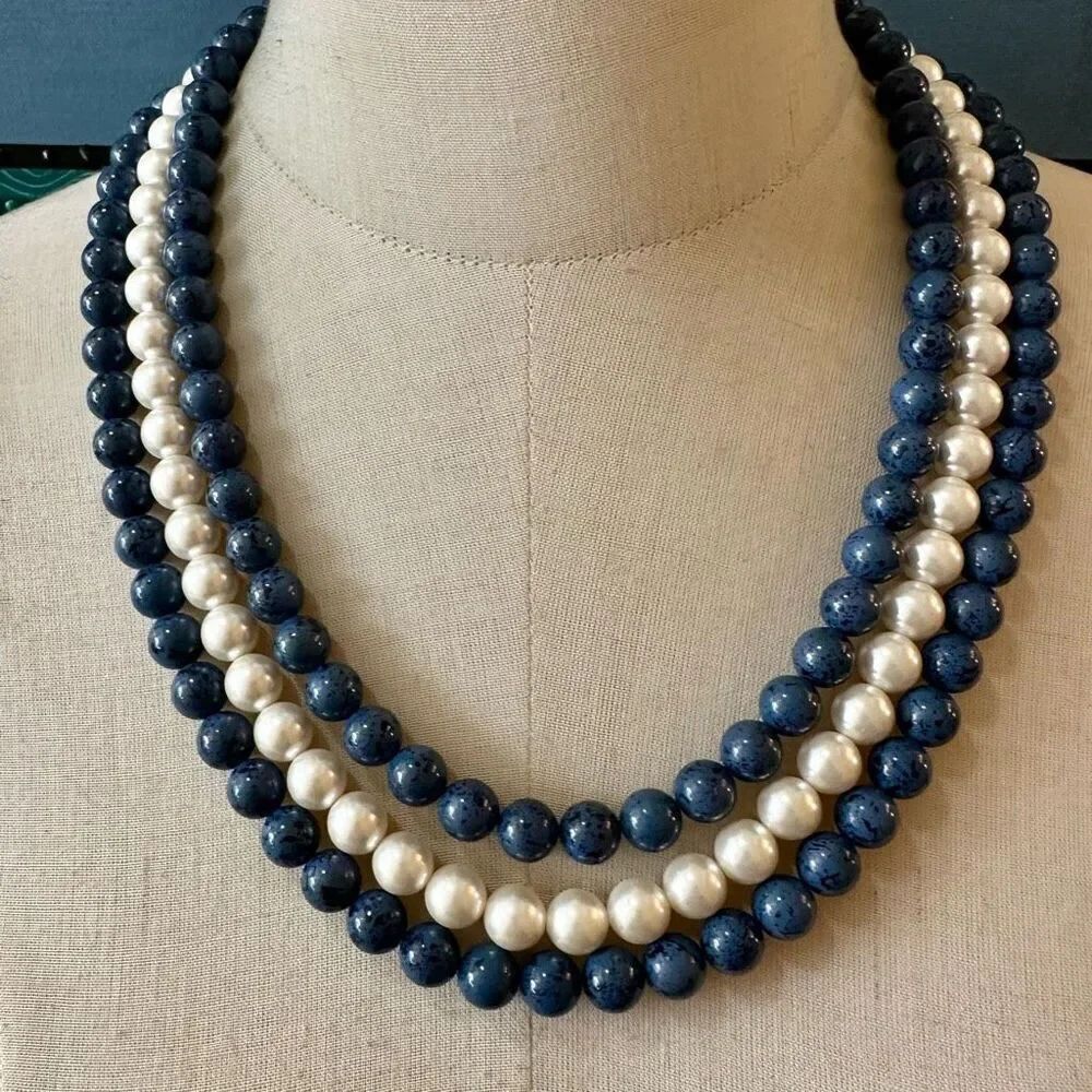 Blue beaded, faux pearl multi strand vintage necklace